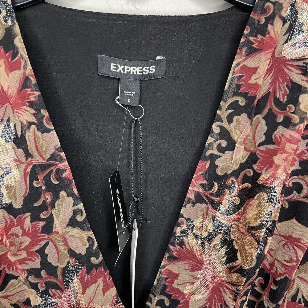 EXPRESS Top Womens Small S Metallic Gold Red Floral Peplum Blouse NEW Faux Wrap - Picture 8 of 10